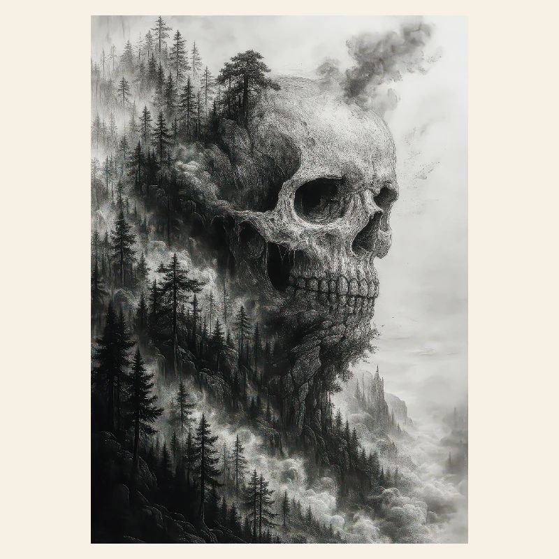 Illustration d'un crâne dans une forêt étrange