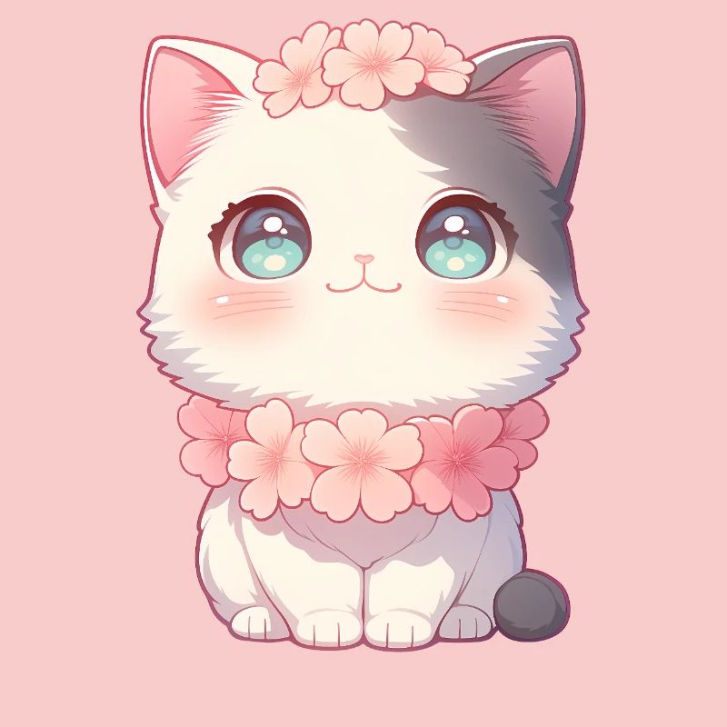 Couronne de fleurs de sakura en chat blanc de Kawaii style chibi