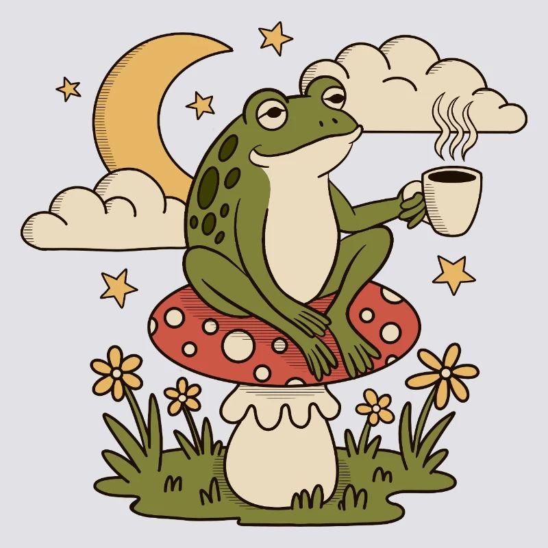 A frog with a cup sits on a toadstool