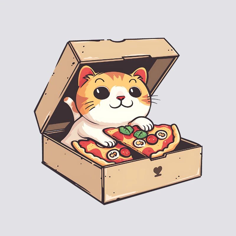 Cat Inside a Pizza Box Holding a Pizza Slice