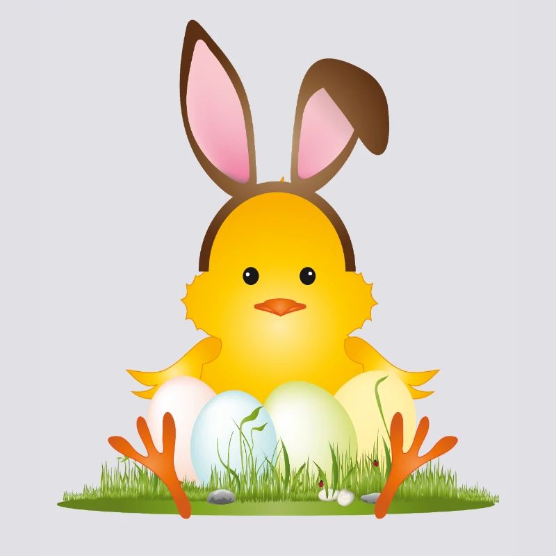 Cute Easter chick with bunny ears & Easter eggs