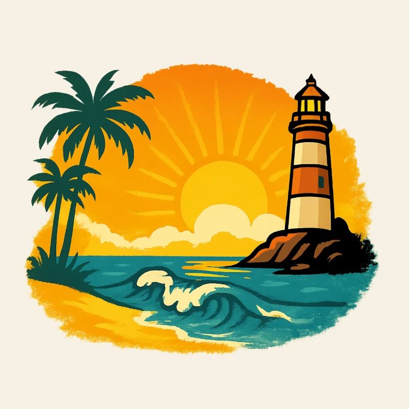 Sunset with lighthouse on tropical beach