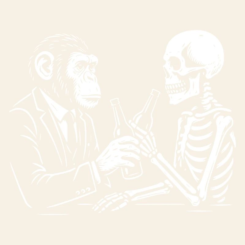 monkey and skeleton drinks beer in the pub.