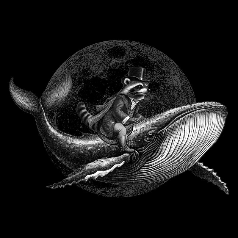 True Moon Love –Ein Waschbär fliegt auf einem Wal