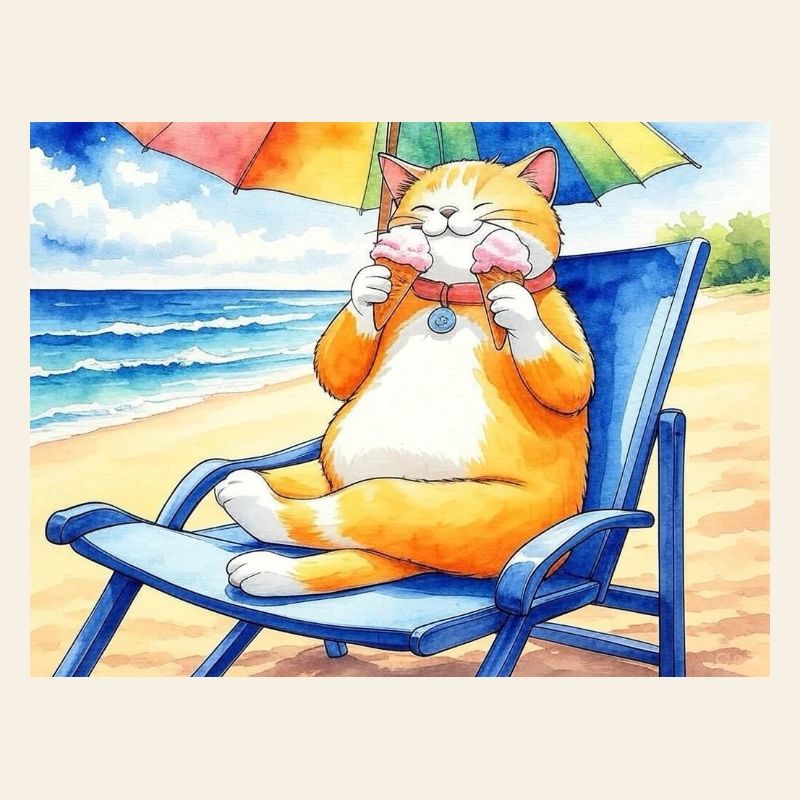 Katze am Strand mit Eiscreme