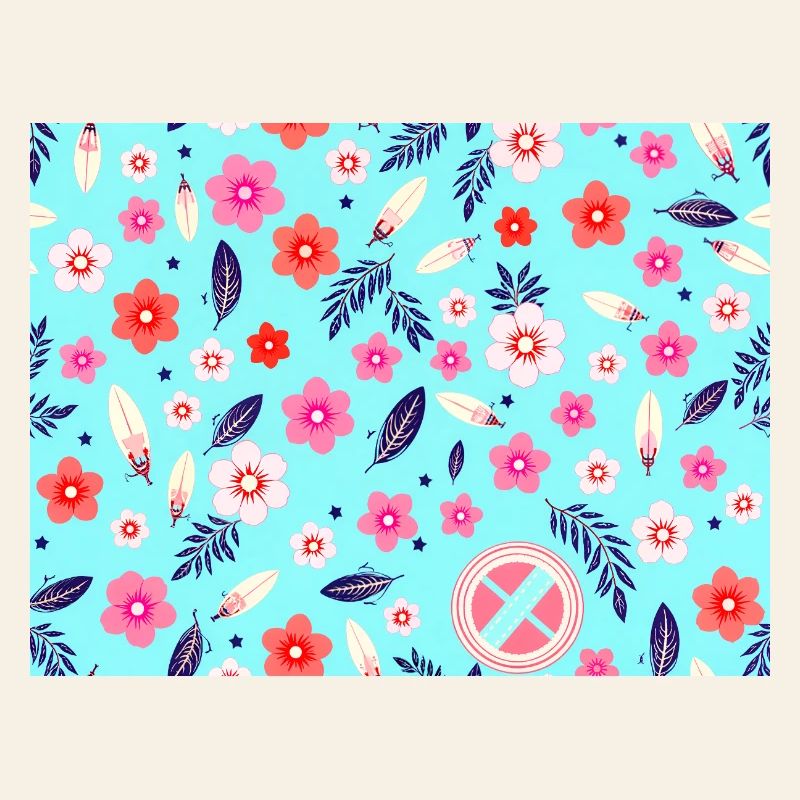 Floral pattern with surfboards on sky blue