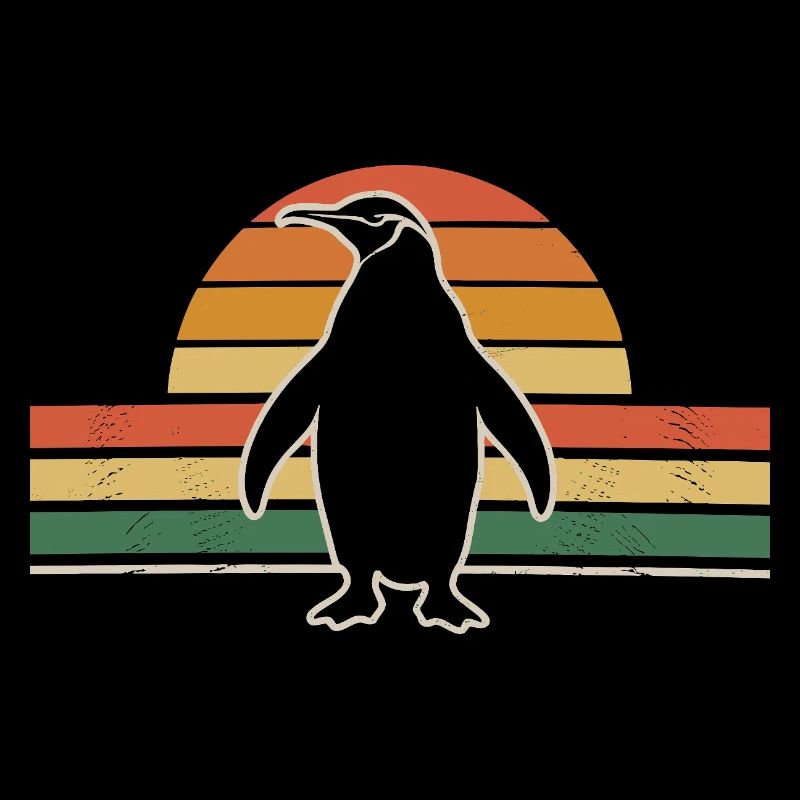 Retro Penguin with Sunset Background