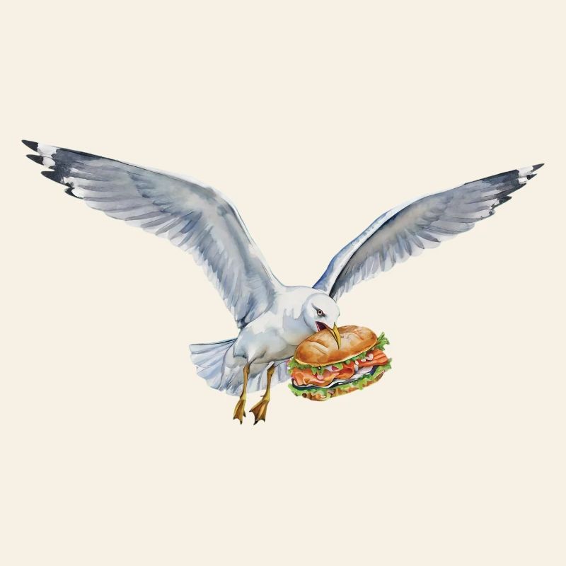 Funny Seagull Steals Fish Rolls Beach