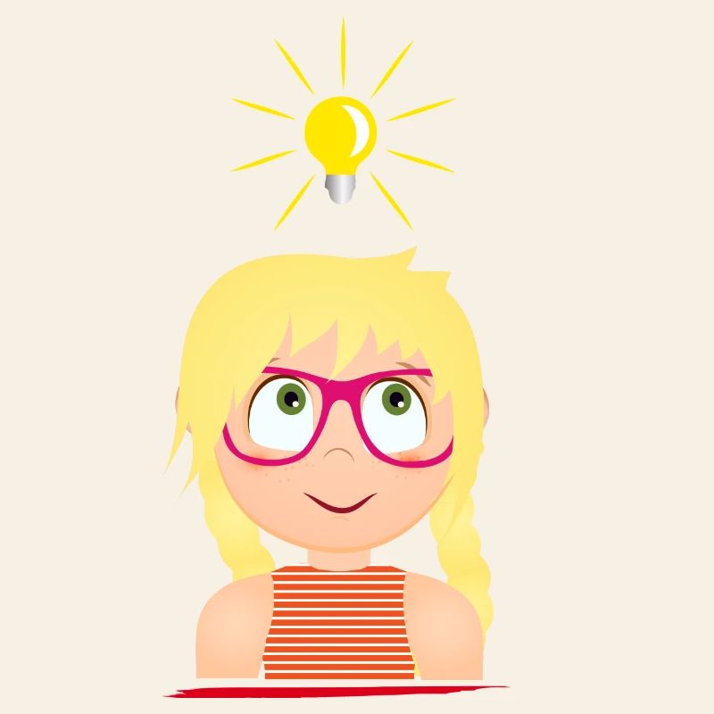 Mädchen mit Brille und einer leuchtenden Glühbirne