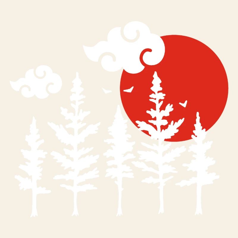 White trees and red sun