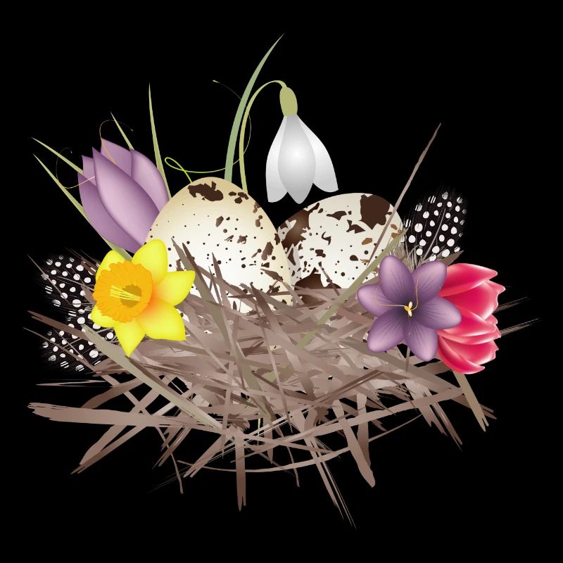Nid de printemps avec des œufs, des plumes et des fleurs de printemps