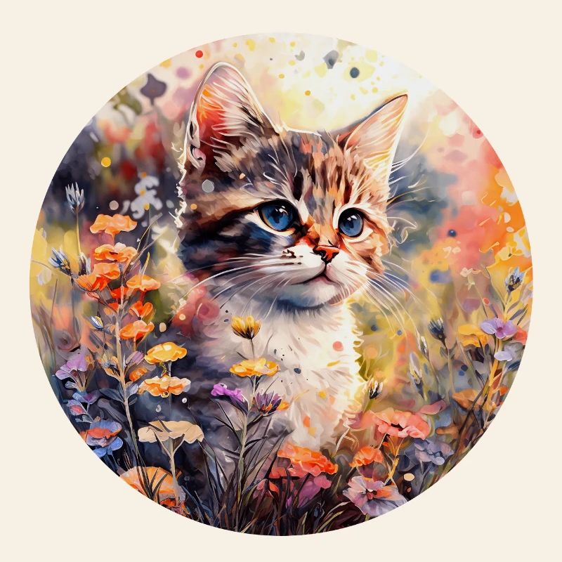 Chat dans un pré fleuri - Aquarelle