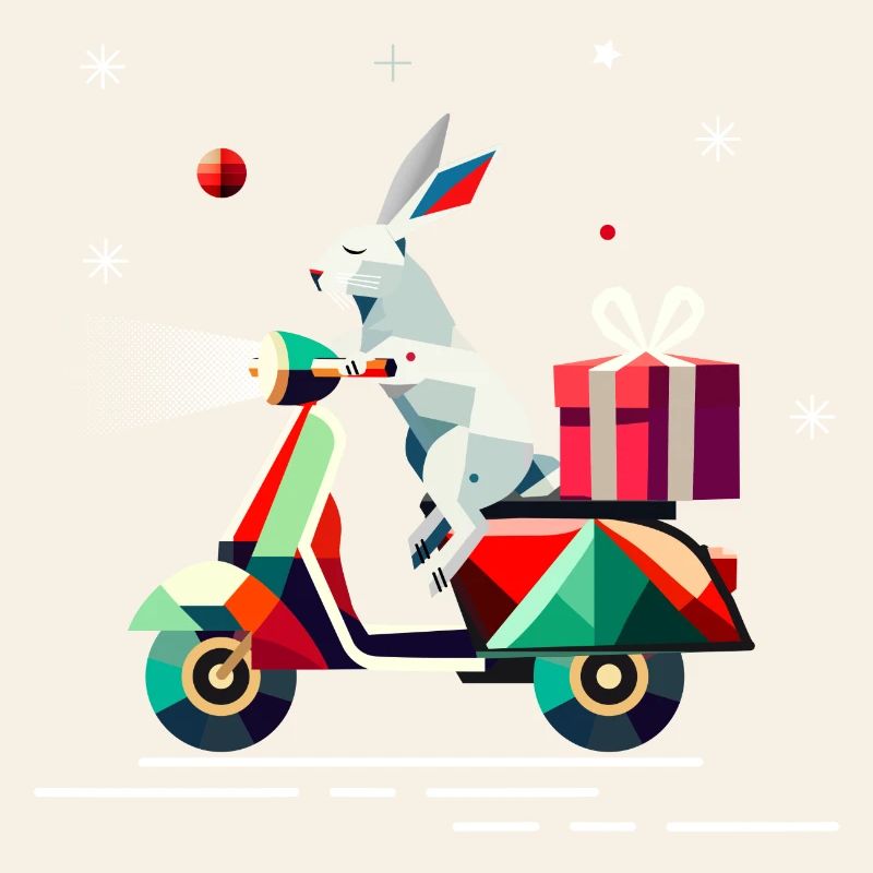 Bunny on a scooter, with gift for Christmas