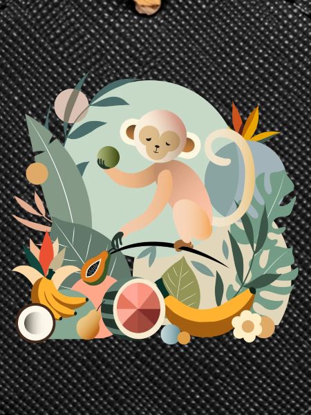 Playful monkey with tropical fruits