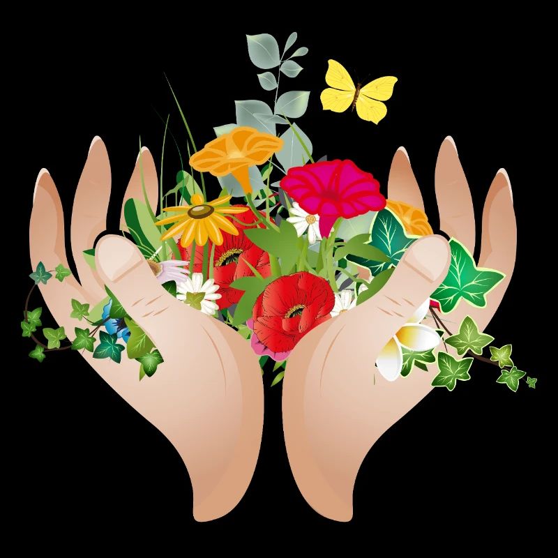Two protective hands holding many flowers