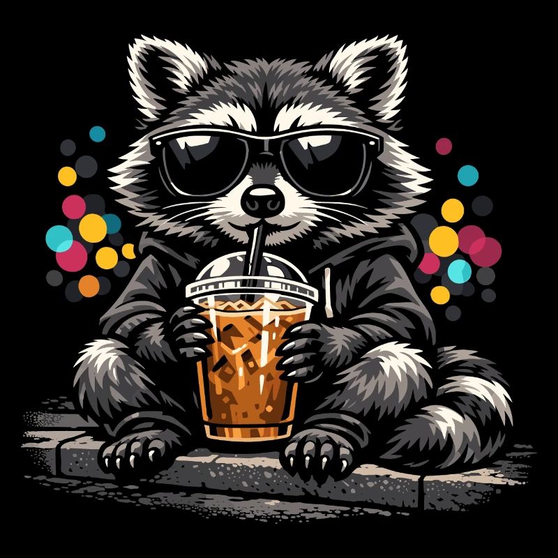 Waschbär Trinkt Eiskaffee Süß Niedlich