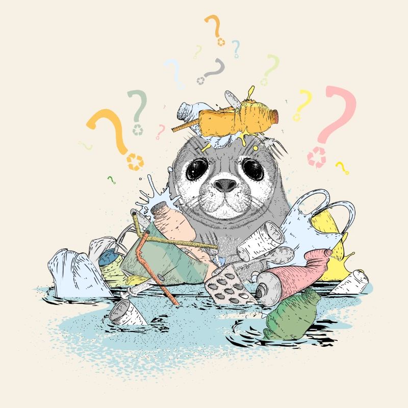 Ordures et sceaux en plastique avec beaucoup de points d'interrogation