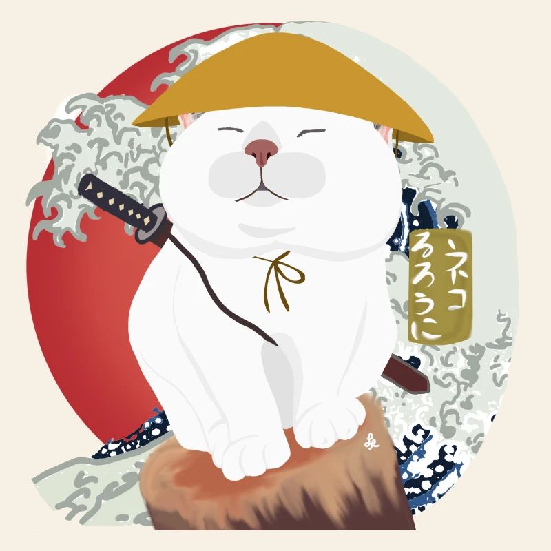 Chat samouraï assis sur le bois