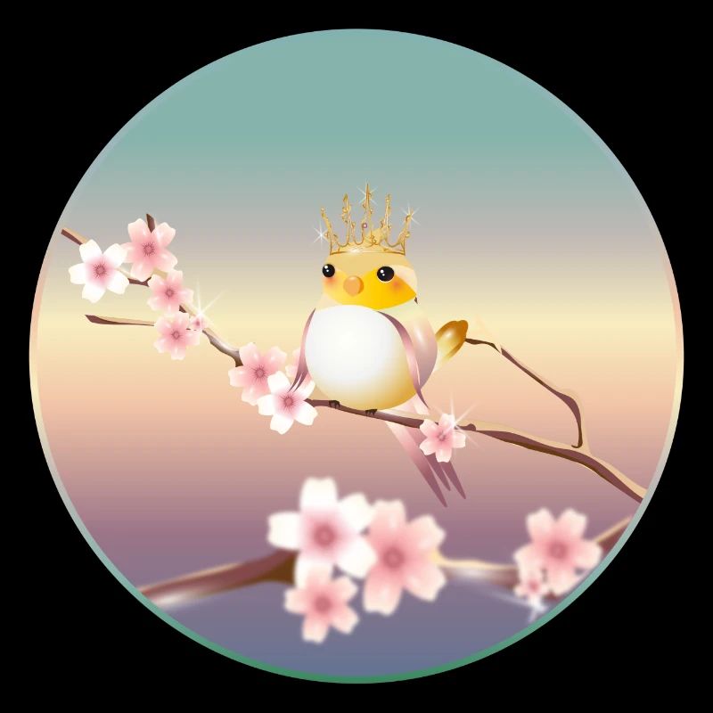 Canary with crown on cherry blossom branch