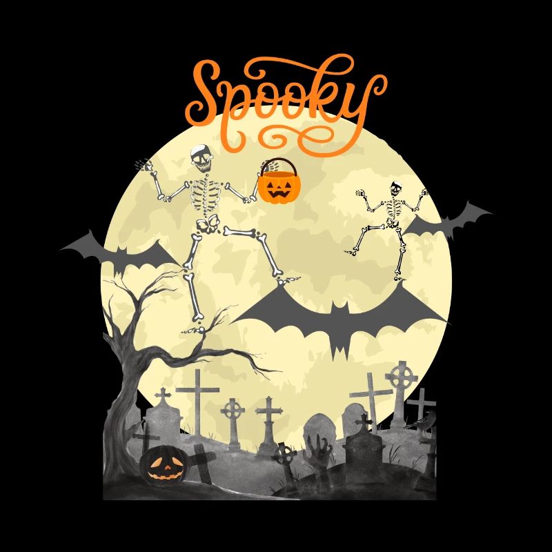 Spooky Dancing Skeletons Bats Moon Pumpkin