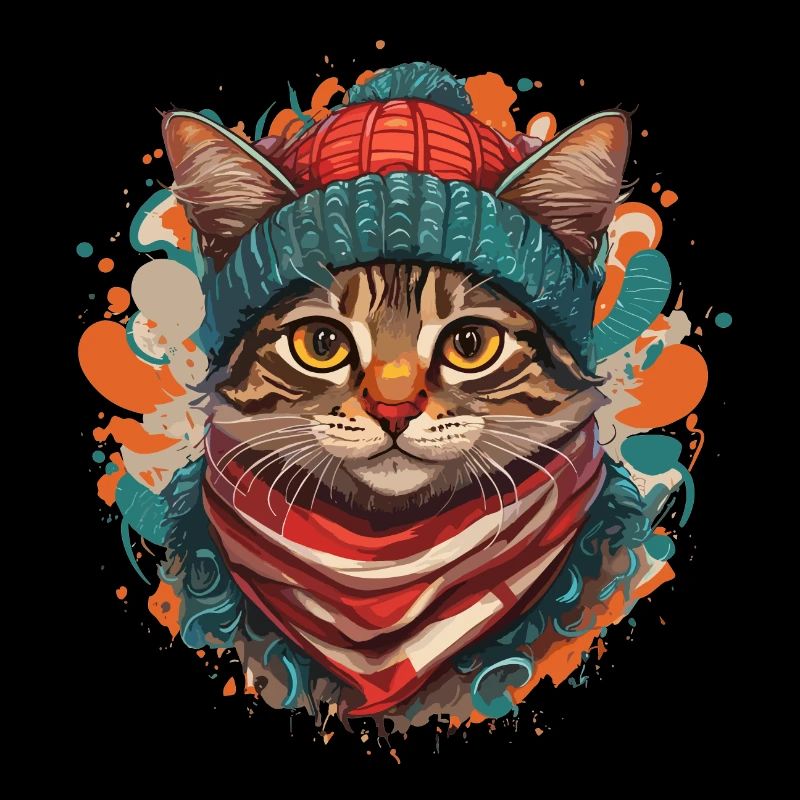A cute cat wearing a thick scarf and a hat