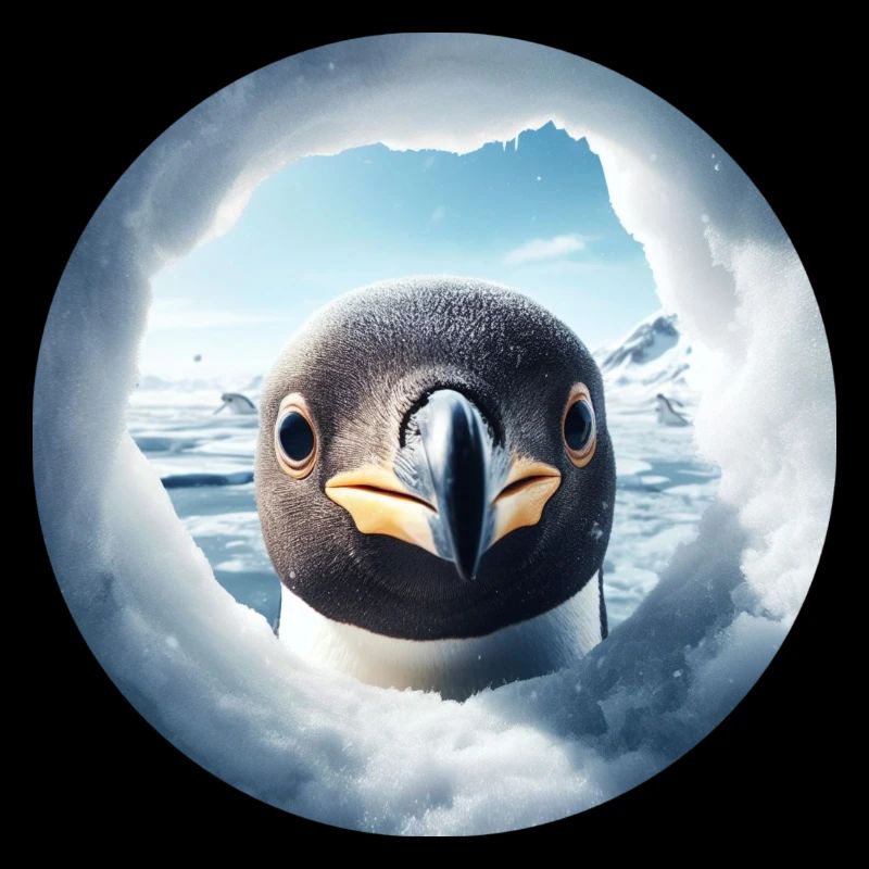 Pinguin schaut durch Loch, Schnee Landschaft