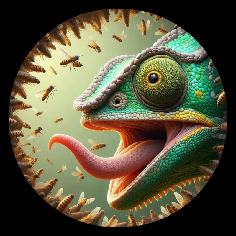 Caméléon avec des abeilles et une longue langue