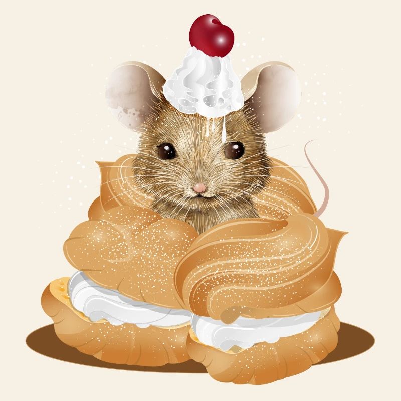 Maus mit Sahnehäubchen inmitten von Windbeuteln