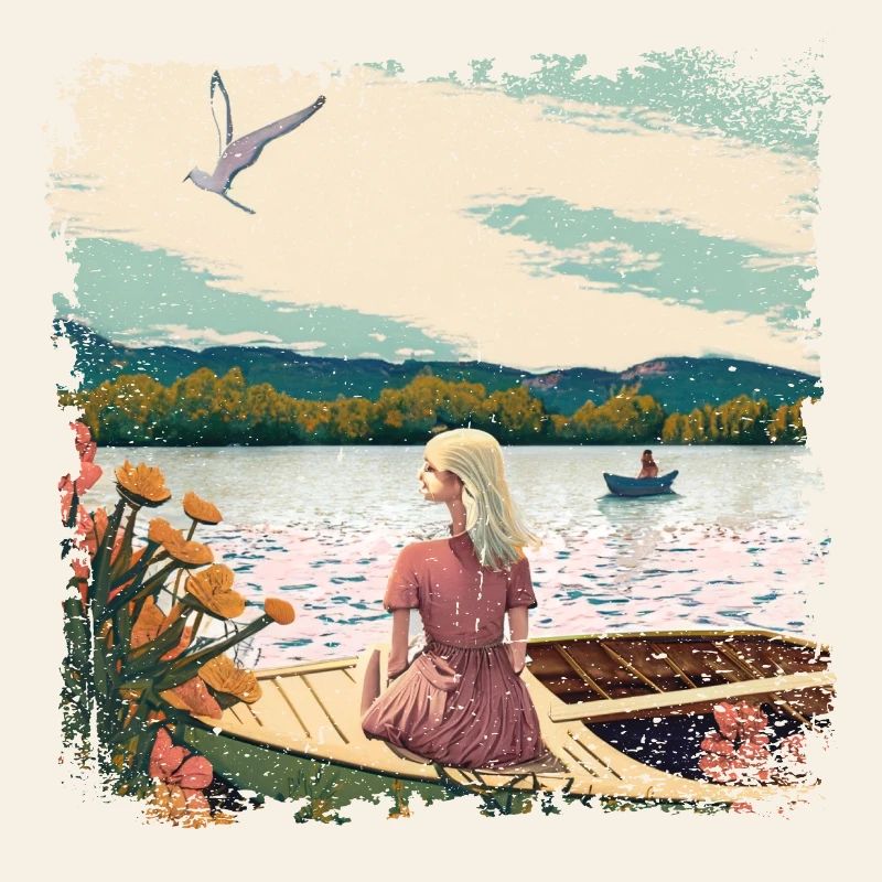 Frau sitzt im Boot am Wasser