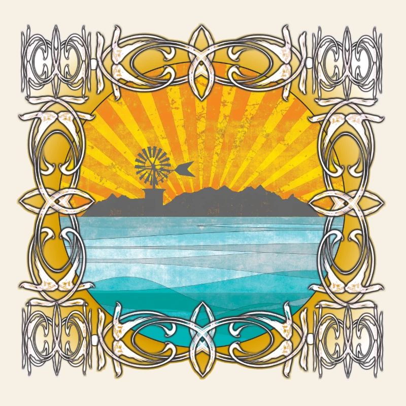 Lever de soleil au bord de la mer avec moulin à vent