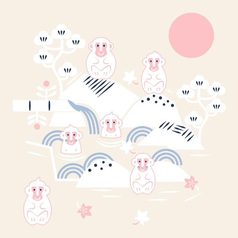 Singes effrayants dans une source chaude l blanc rose bleu