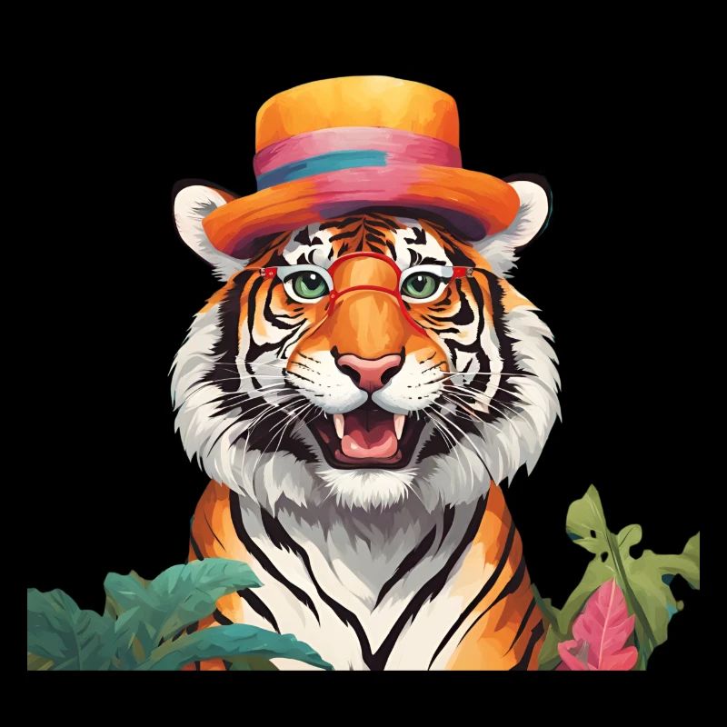 Whimsical Tiger with Sun Hat