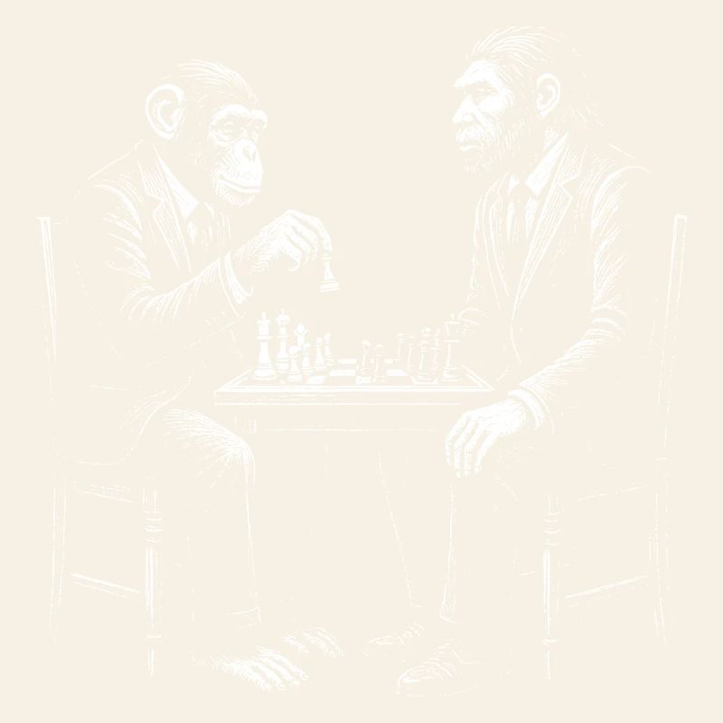 Un singe joue aux échecs avec un Homo erectus. Design amusant.