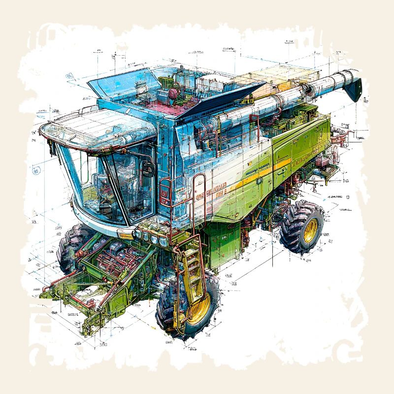 Colored Blueprint Threshing Machine, CAD Design