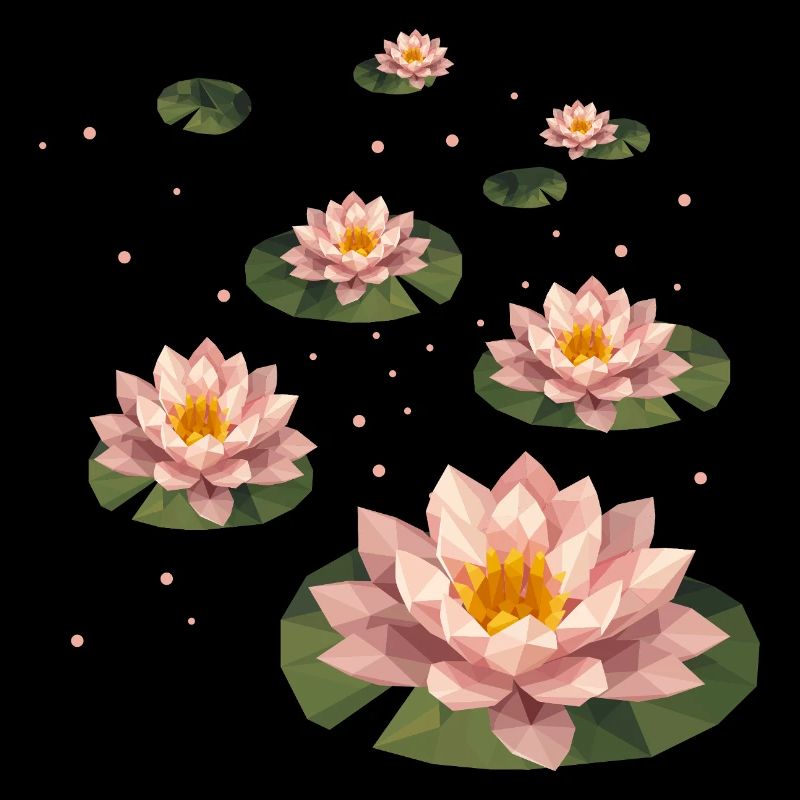 Several polygonal water lilies on green leaves