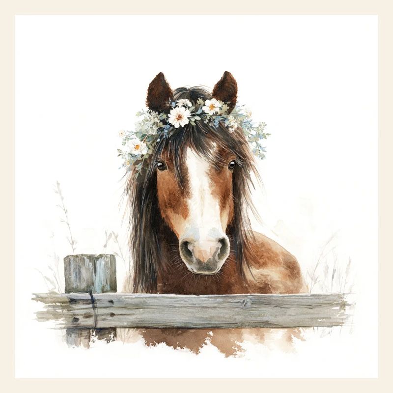 Cheval aquarelle avec couronne florale