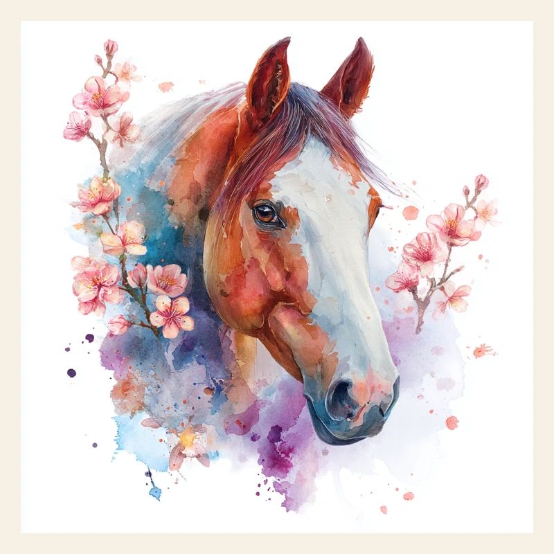 Aquarelle Cheval et Fleurs