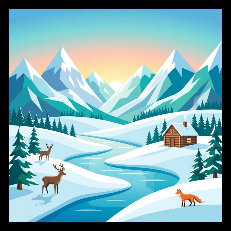 Alpine winter scenery with deer & hut