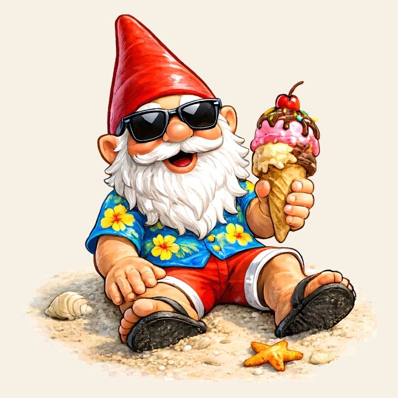 Gartenzwerg am Strand mit Eis in der Hand  