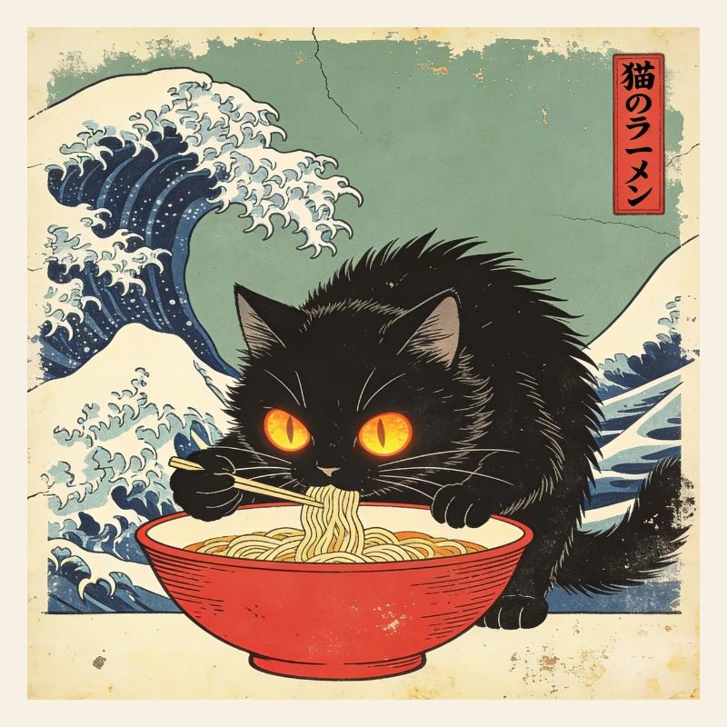 Japan Cat Ramen Noodles Retro Wave Pattern