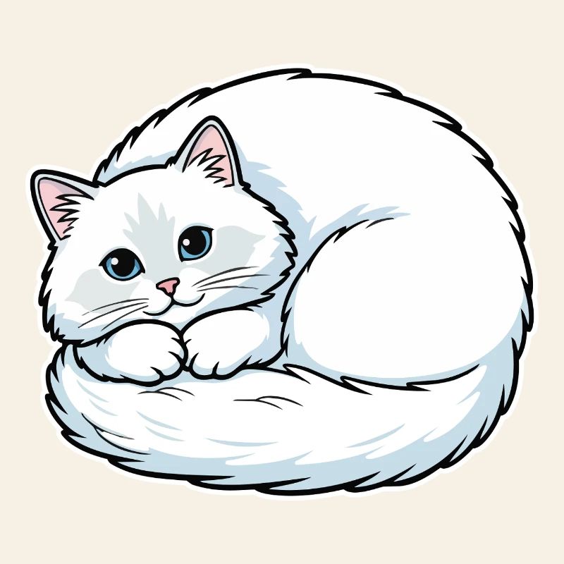 Chat Blanc Angora Yeux Bleus Enroulé Mignon
