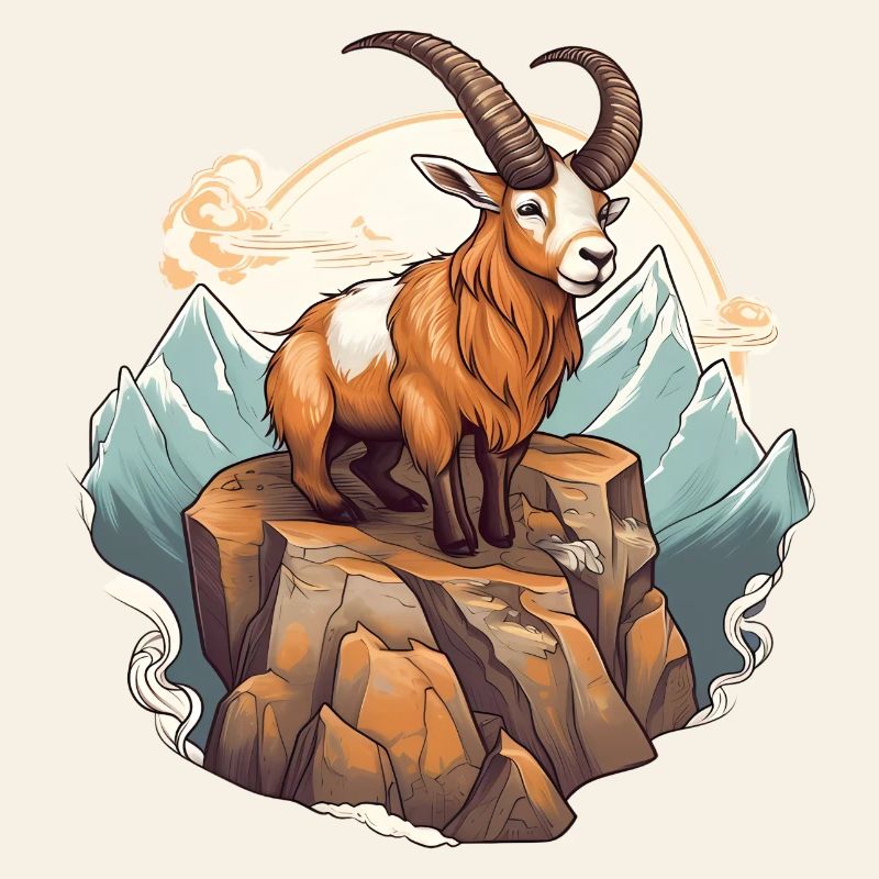 Mountain goat with horns in alpine style