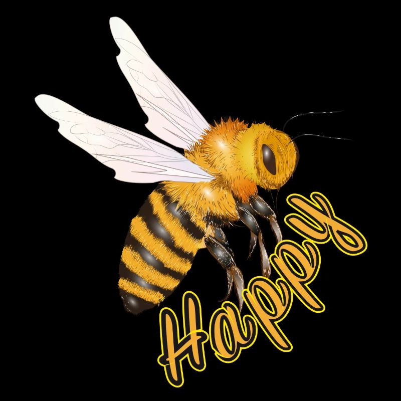 yellow Happy lettering with hand-drawn bee