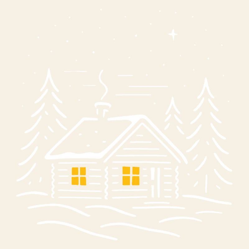 Illuminated snowy cabin with a tree
