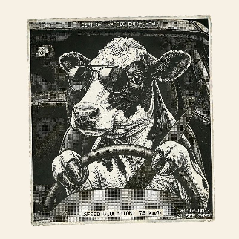 Dairy cow flashed driving a car