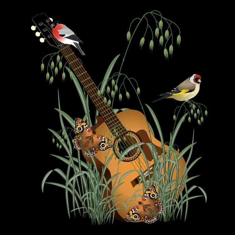 Guitare dans l’herbe avec des oiseaux