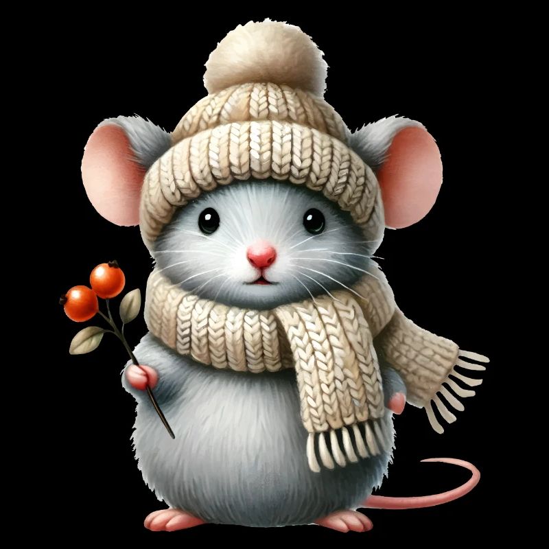 Cute mouse with a warm knitted hat and scarf