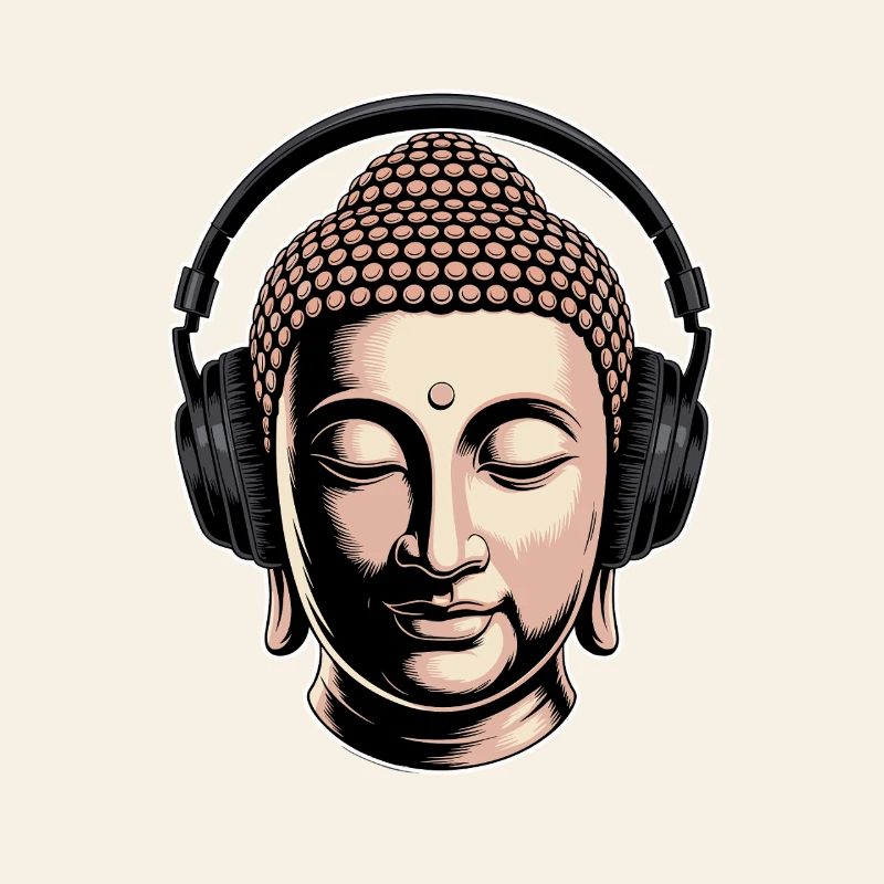 Bouddha avec casque Mindfulness Musique Boho Zen