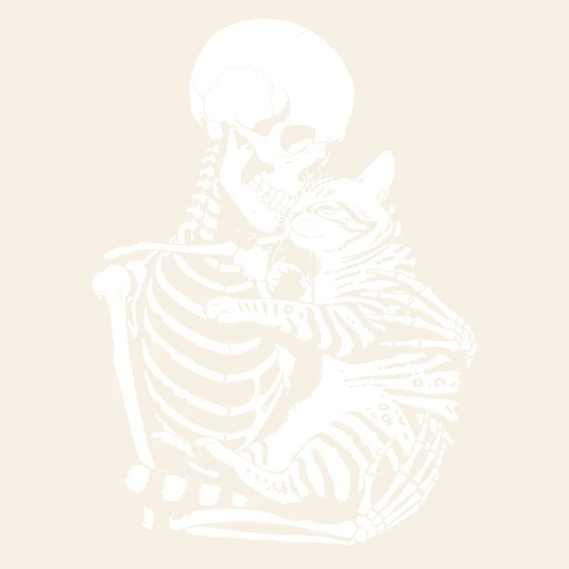 Skeleton hugging cat
