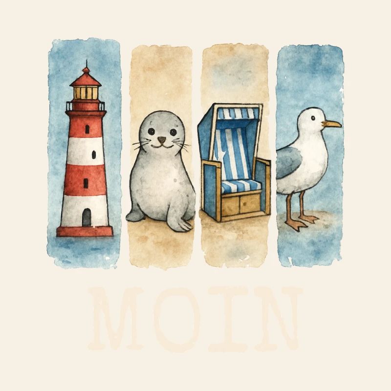 Moin Leuchtturm Robbe Strandkorb Möwe Küste